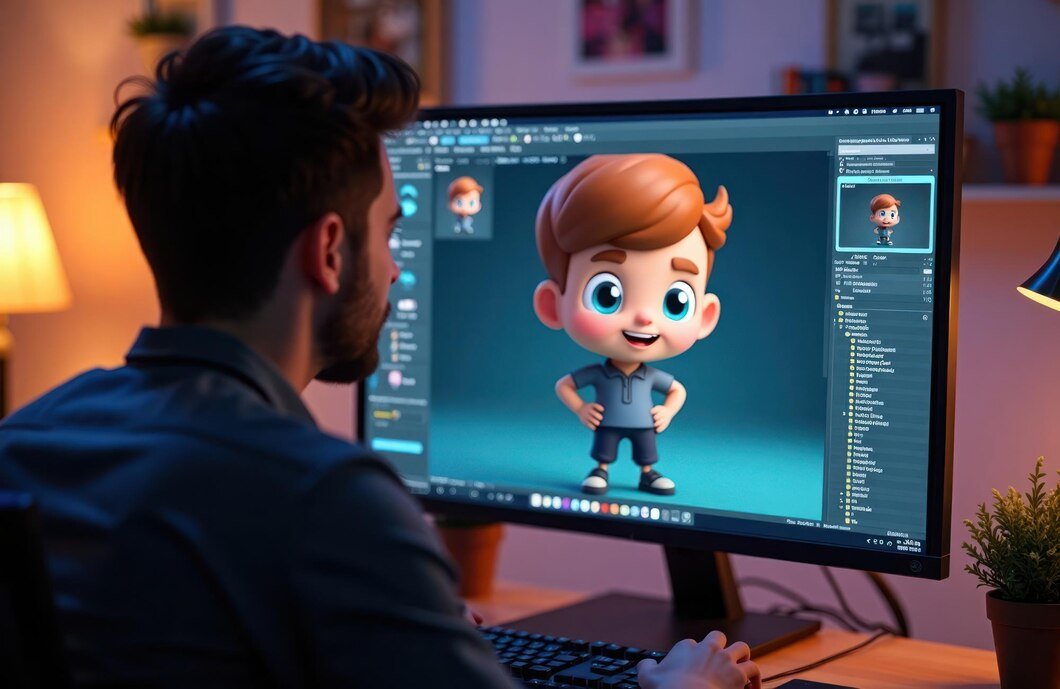 man works 3d character design uses computer home boy character displayed screen man 1343747 6448
